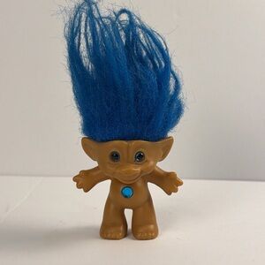 Vintage Ace Novelty Treasure Troll 4” Doll With Blue Hair & Circle Belly Jewel
